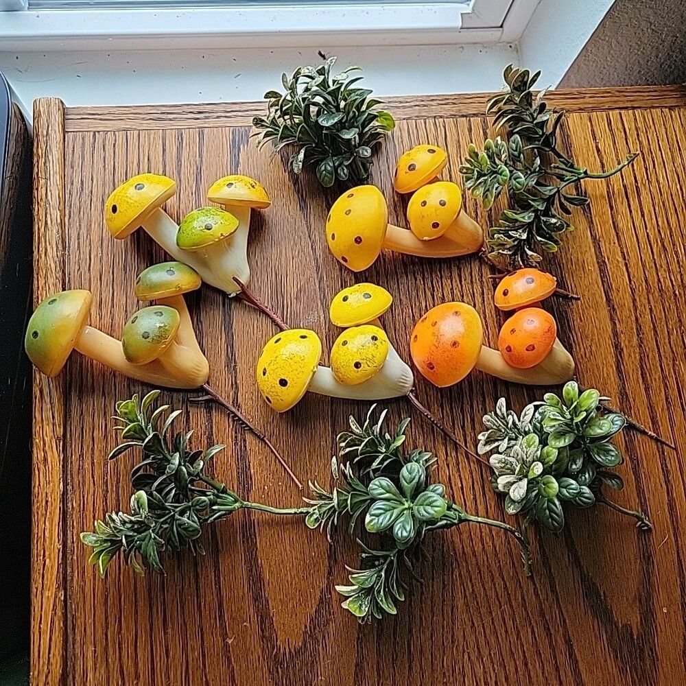 Vintage MCM Lot of 5 Plastic Blow Mold Mushroom Floral Picks w/ Greenery 5 Stems